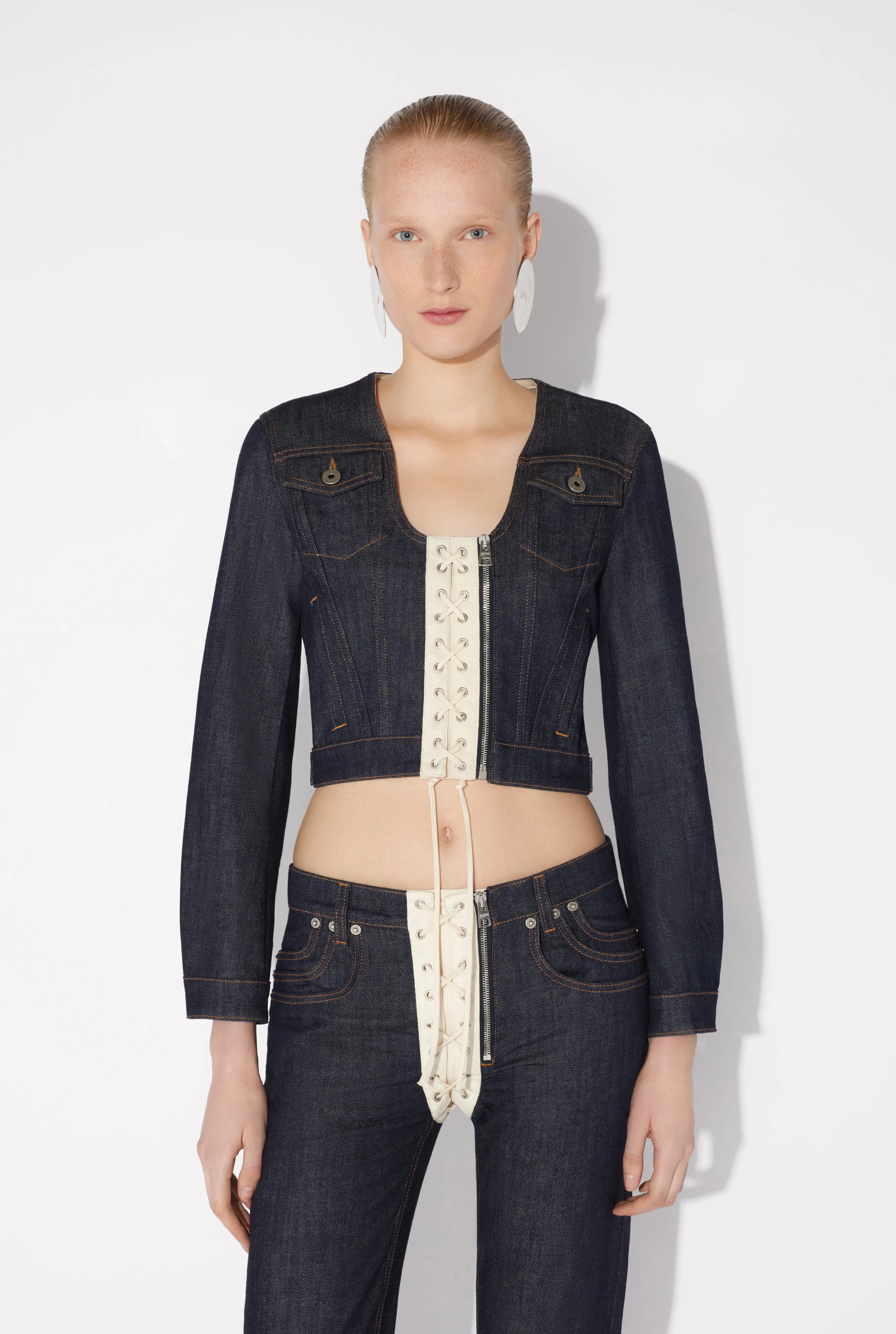 Jean Paul The Contrasting Lace-Up Denim Jacket Indigo/Beige Online